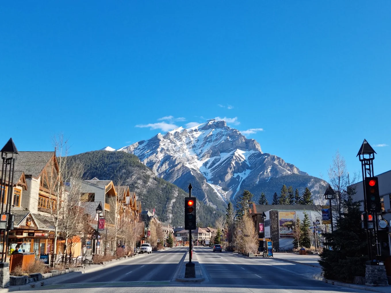 Banff Avenue streetscape with Cascade Mountain, near Mount Royal Hotel